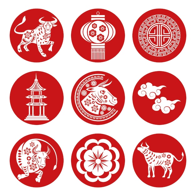 Pakiet Dziewięciu Chińskiego Nowego Roku Czerwony Zestaw Ikon Ilustracji