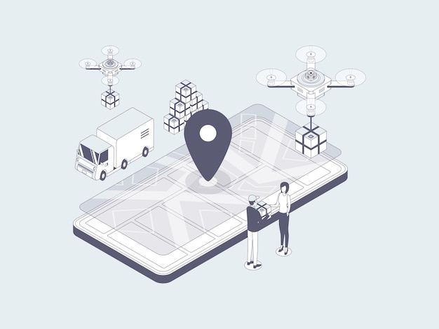 Pakiet e-commerce wysłany izometryczna ilustracja Lineal Grey. Nadaje się do aplikacji mobilnych, stron internetowych, banerów, diagramów, infografik i innych zasobów graficznych.