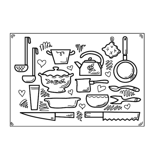 Plik wektorowy pakiet ikon stylu linii przyborów kuchennych i projektowania ilustracji wektorowych napisów
