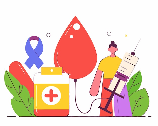 Pakiet kropel krwi dawcy krwi, strzykawka z wstążką z ilustracją konturową