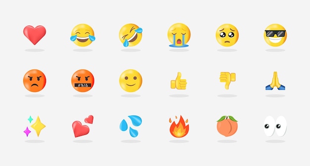 Plik wektorowy pakiet najczęściej używanych emotikonów serce śmiech rolf płacz smutny zły kciuk w górę brzoskwiniowy ogień błyskotki najczęściej używane emotikony wektorowe emoji