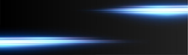 Pakiet niebieskich odblasków poziomych soczewek. Wiązki laserowe, poziome promienie świetlne. Piękne rozbłyski światła.