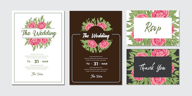 Plik wektorowy pakiet piękny ślub zaproszenia karty z róż kwiat i liście szablon projektu ramki