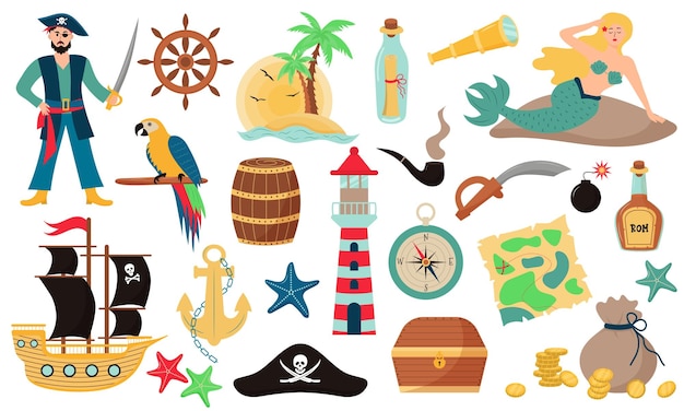 Pakiet pirat Kolekcja postaci piratów mapa luneta skrzynia skarbów kotwica żagiel statek syrena