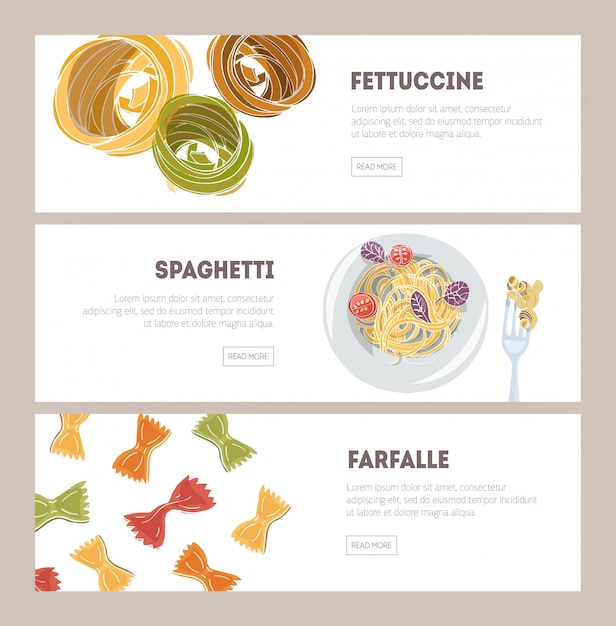 Plik wektorowy pakiet szablonów poziomych banerów internetowych z różnymi rodzajami surowego i gotowego makaronu ręcznie rysowanego na białym tle - fettuccine, spaghetti, farfalle. ilustracja dla włoskiej restauracji.