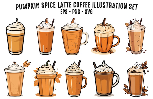 Pakiet Wektorowy Kawy Latte Pumpkin Spice Zestaw Ilustracji Jesiennej Kawy Latte