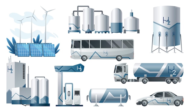 Paliwo wodorowe Zielony wodór Wodór jest ekologiczną formą energii Produkcja i wykorzystanie zielonej energii z odnawialnych zasobów naturalnych Ilustracja wektorowa izolowana na białym tle