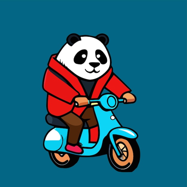 Panda jeździ na motocyklu z płaską kreskówką dla uroczych zwierząt premium i prostej grafiki wektorowej