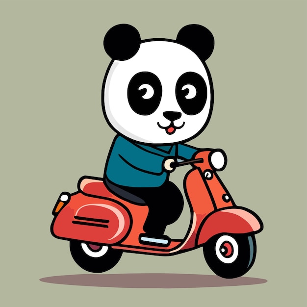 Panda jeździ na motocyklu z płaską kreskówką dla uroczych zwierząt premium i prostej grafiki wektorowej