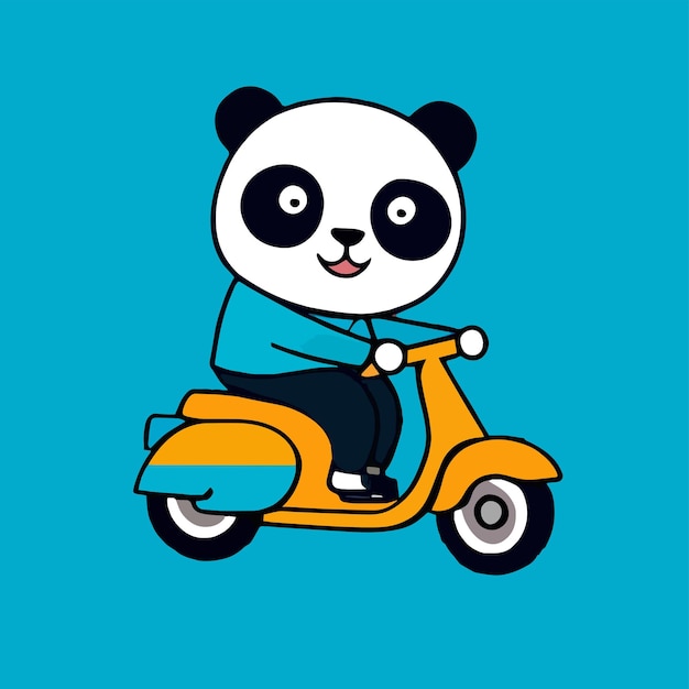 Panda jeździ na motocyklu z płaską kreskówką dla uroczych zwierząt premium i prostej grafiki wektorowej