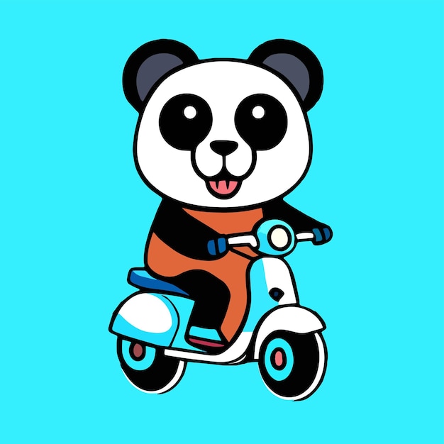 Panda jeździ na motocyklu z płaską kreskówką dla uroczych zwierząt premium i prostej grafiki wektorowej