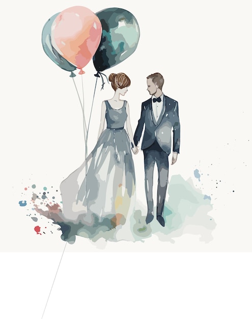 Plik wektorowy panna młoda i pan młody trzymają balony akwarelowe ilustracje ślubne