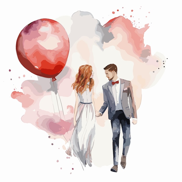 Plik wektorowy panna młoda i pan młody trzymający balon w kolorze wodnym ilustrację ślubu