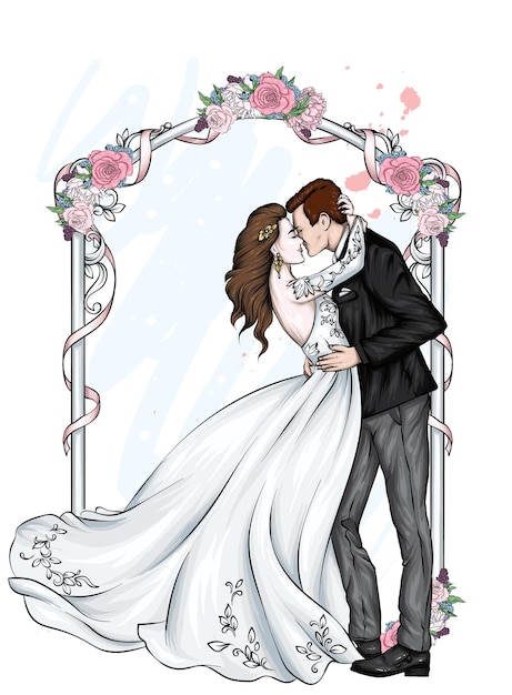 Panna młoda w garniturze i panna młoda w sukni ślubnej w pobliżu łuku kwiatowego Ilustracja wektorowa