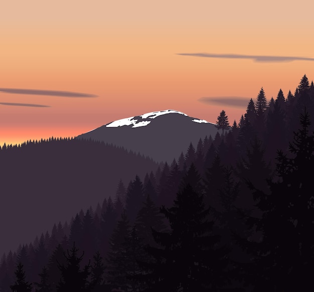Panorama gór Silueta gór ze śniegiem i drzewami iglastymi