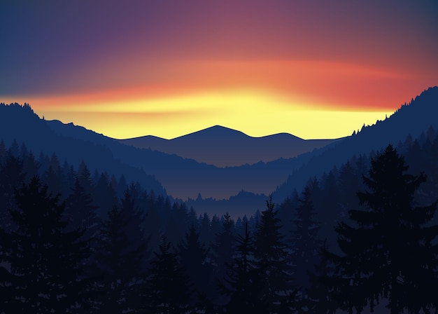 Panorama gór Valleycanyon Trzy szczyty Evening Aurora
