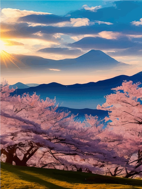 Plik wektorowy panorama kwiatu wiśni na tle gór i nieba z chmurami ilustracji wektorowych wiosna