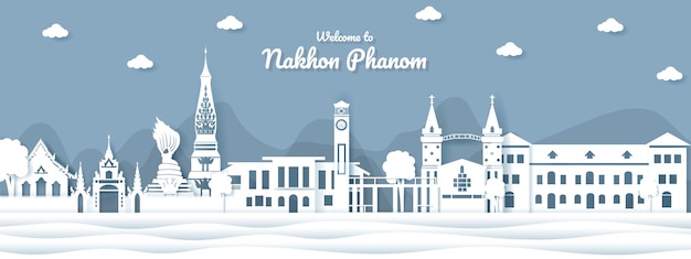 Plik wektorowy panoramat nakhon phanom i panoramy miasta z światowej sławy zabytkami w stylu wycięcia papieru
