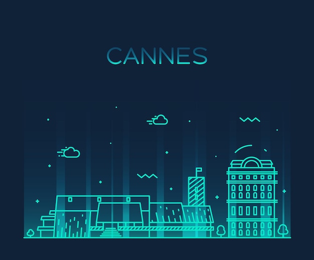 Panoramę Cannes, Szczegółowa Sylwetka. Ilustracja Wektorowa Modny, Styl Liniowy.