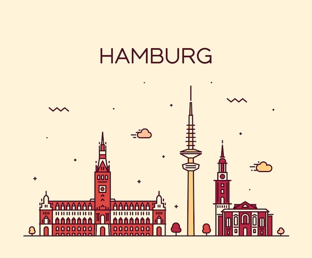 Panoramę Hamburga, Szczegółowa Sylwetka. Modna Ilustracja Wektorowa, Styl Liniowy