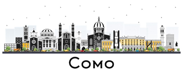 Panoramę Miasta Como We Włoszech Z Kolorowymi Budynkami Na Białym Tle