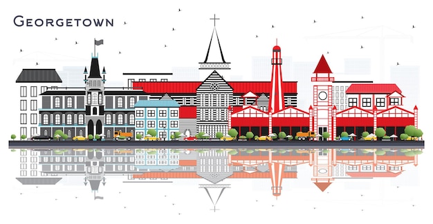Panoramę miasta Georgetown Gujany z szarymi budynkami i odbiciami na białym tle na białym wektorze