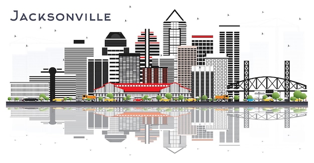 Panoramę miasta Jacksonville na Florydzie z szarymi budynkami i odbiciami na białym tle Koncepcja podróży i turystyki z nowoczesną architekturą Pejzaż Jacksonville z zabytkami