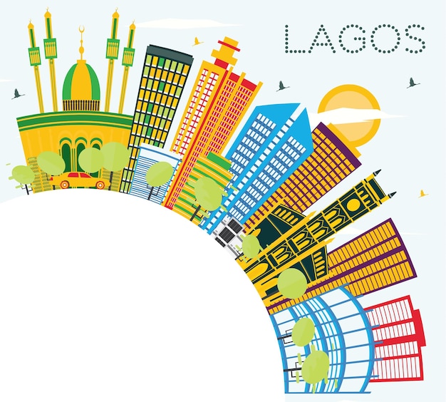 Panoramę Miasta Lagos Nigeria Z Kolorowymi Budynkami, Błękitnym Niebem I Przestrzenią Do Kopiowania. Ilustracja Wektorowa. Podróże Służbowe I Koncepcja Turystyki Z Nowoczesnymi Budynkami. Gród Lagos Z Zabytkami.