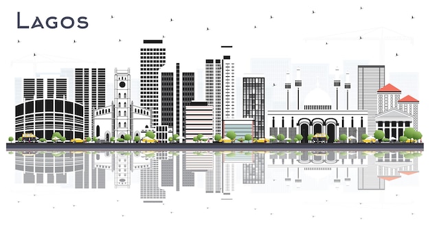 Plik wektorowy panoramę miasta lagos w nigerii z kolorowymi budynkami i odbiciami na białym tle na ilustracji wektorowych biały lagos gród z zabytkami podróży biznesowych i koncepcji turystyki z nowoczesną architekturą