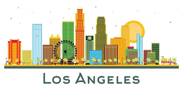 Panoramę Miasta Los Angeles W Kalifornii Z Kolorowymi Budynkami Na Białym Tle