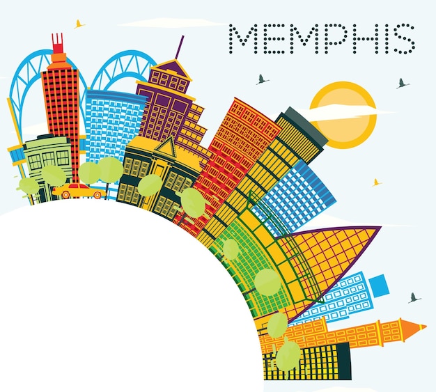 Panoramę Miasta Memphis W Stanie Tennessee Z Kolorowymi Budynkami, Błękitnym Niebem I Przestrzenią Do Kopiowania