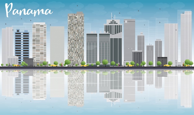 Panoramę miasta Panama z szarymi drapaczami chmur i refleksjami