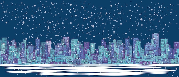 Panoramę Miasta Panorama Zima śnieg Krajobraz W Nocy Ręcznie Rysowane Pejzaż Wektor Rysunek Architektura Ilustracja