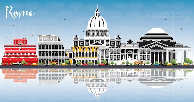 Panoramę miasta Rzym Włochy z kolorowych budynków, błękitne niebo i refleksje. Ilustracja wektorowa. Podróże służbowe i koncepcja z historyczną architekturą. Rzym gród z zabytkami.