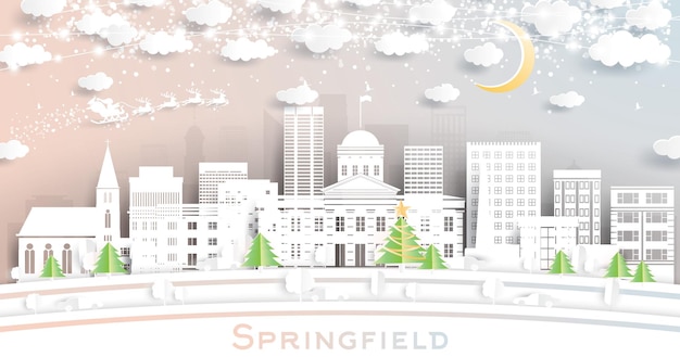 Panoramę Miasta Springfield Illinois W Usa W Stylu Cięcia Papieru Z Księżycem W Kształcie Płatków śniegu I Neonową Girlandą