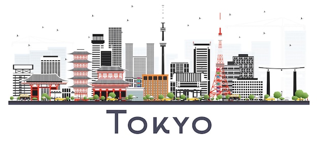 Panoramę Miasta Tokio Japonia Z Kolorowymi Budynkami Na Białym Tle. Ilustracja Wektorowa. Podróże Służbowe I Koncepcja Turystyki Z Nowoczesną Architekturą. Tokio Gród Z Zabytkami.