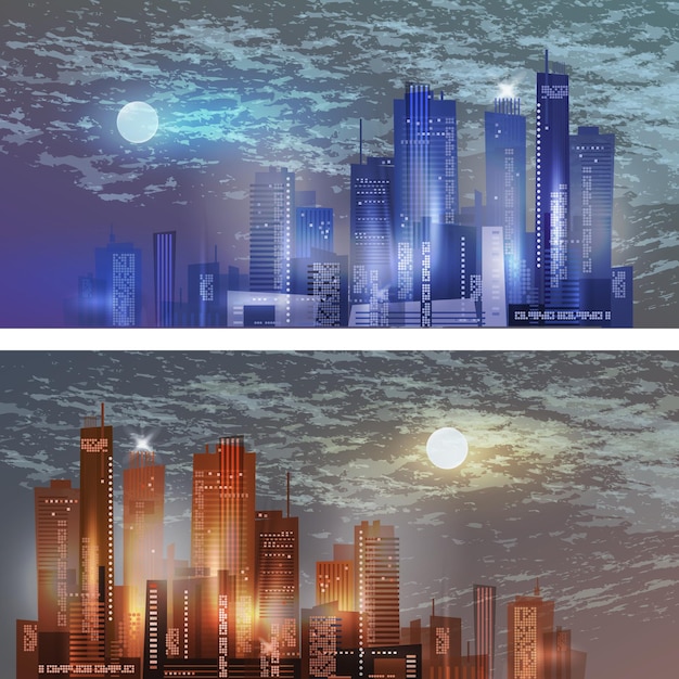 Plik wektorowy panoramę miasta w nocy z księżycem na niebie