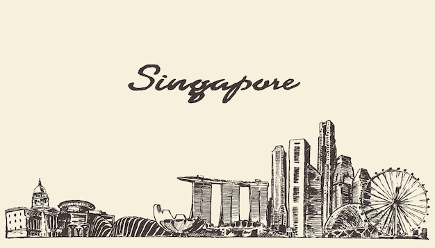 Panoramę Singapuru, Ilustracji Wektorowych, Ręcznie Rysowane, Szkic