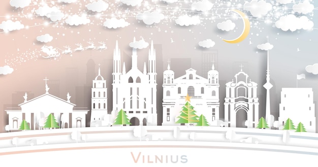 Panoramę Wilna Na Litwie W Stylu Wycinanym Z Papieru Z Księżycem W Kształcie Płatków śniegu I Neonową Girlandą