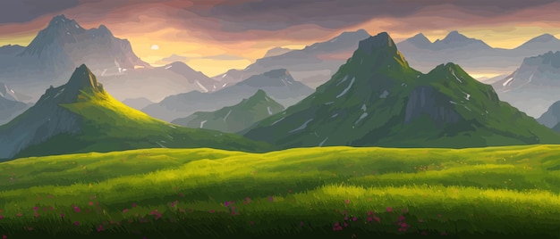Plik wektorowy panoramiczny widok na duże góry piękne zielone łąki płaski krajobraz kreskówkowy z naturą latem lub