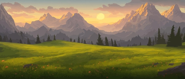 Panoramiczny Widok Na Duże Góry Piękne Zielone łąki Płaski Krajobraz Kreskówkowy Z Naturą Latem Lub
