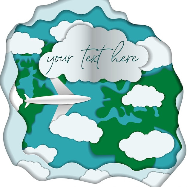 Papercut pocztówka lecący samolot nad ziemią i chmurami z copyspace