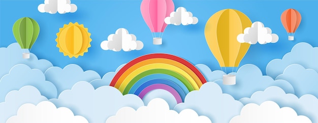 Papercut styl chmur słonecznych i balonów na ogrzane powietrze z tęczą na niebieskim niebie Lato w tle