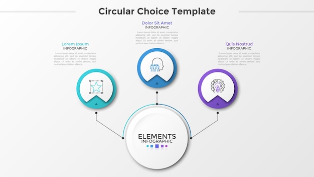 Papier Główny Biały Okrąg Połączony Z 3 Okrągłymi Elementami Z Symbolami Liniowymi Wewnątrz I Polami Tekstowymi Liniami. Trzy Okrągłe Opcje Do Wyboru. Szablon Projektu Nowoczesny Plansza. Ilustracja Wektorowa.