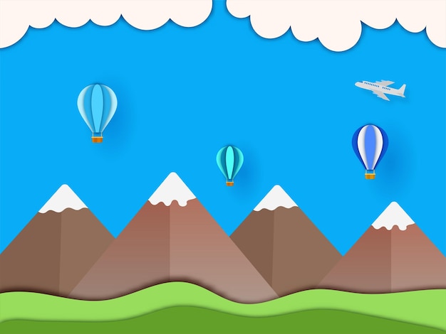 Papierowa Góra Z Balonami Na Gorące Powietrze Chmury Samolotu I Fale Na Niebieskim Tle