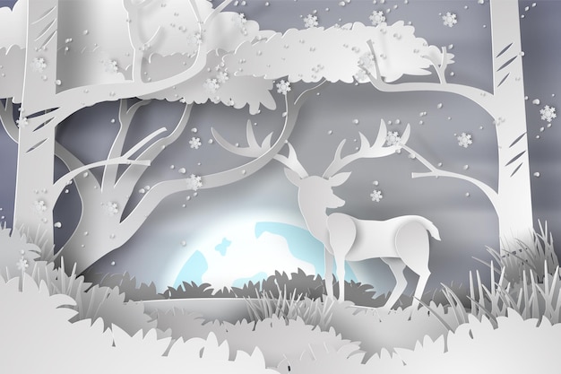 Papierowa sztuka jelenia w leśnym krajobrazie śniegu z pełnią księżycawektor