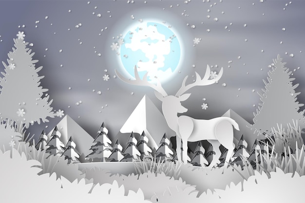 Papierowa sztuka jelenia w leśnym krajobrazie śniegu z wektorem wzgórza w pełni księżyca