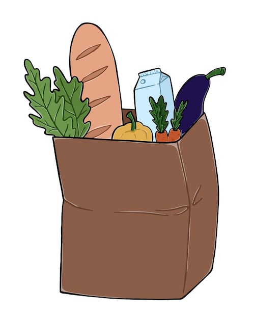 Papierowa torba w artykułach spożywczych liście sałaty długi bochenek mleka karton papryka marchewka bakłażan doodle linearna kreskówka