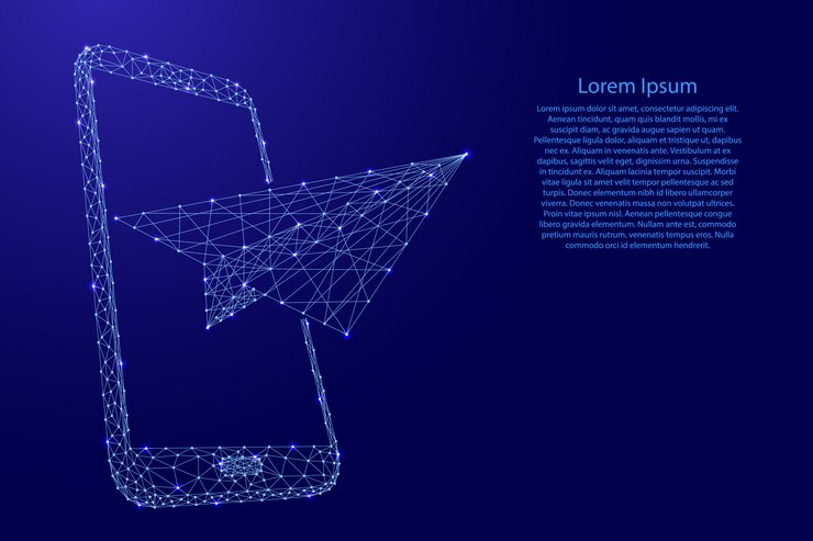 Papierowy samolot startuje ze smartfona, koncepcji komunikacji i przekazywania wiadomości z wielokątnych niebieskich linii i świecących gwiazd.