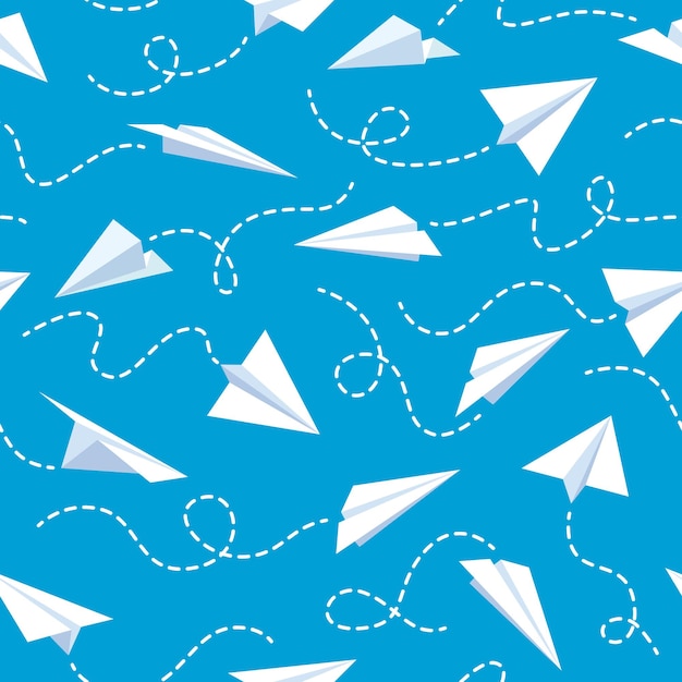 Plik wektorowy papierowy samolot wzór. białe latające samoloty w innym kierunku błękitne niebo z linią przerywaną śledzi tapeta tekstura wektor. podróż, symbol trasy powtórzony dla ilustracji tkaniny